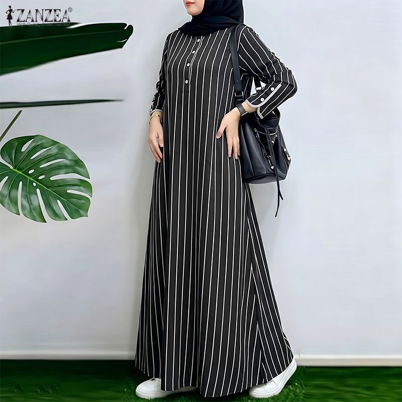 Abaya Modest Wear - فستان ماكسي مخطط محتشم للمسلمات، فضفاض